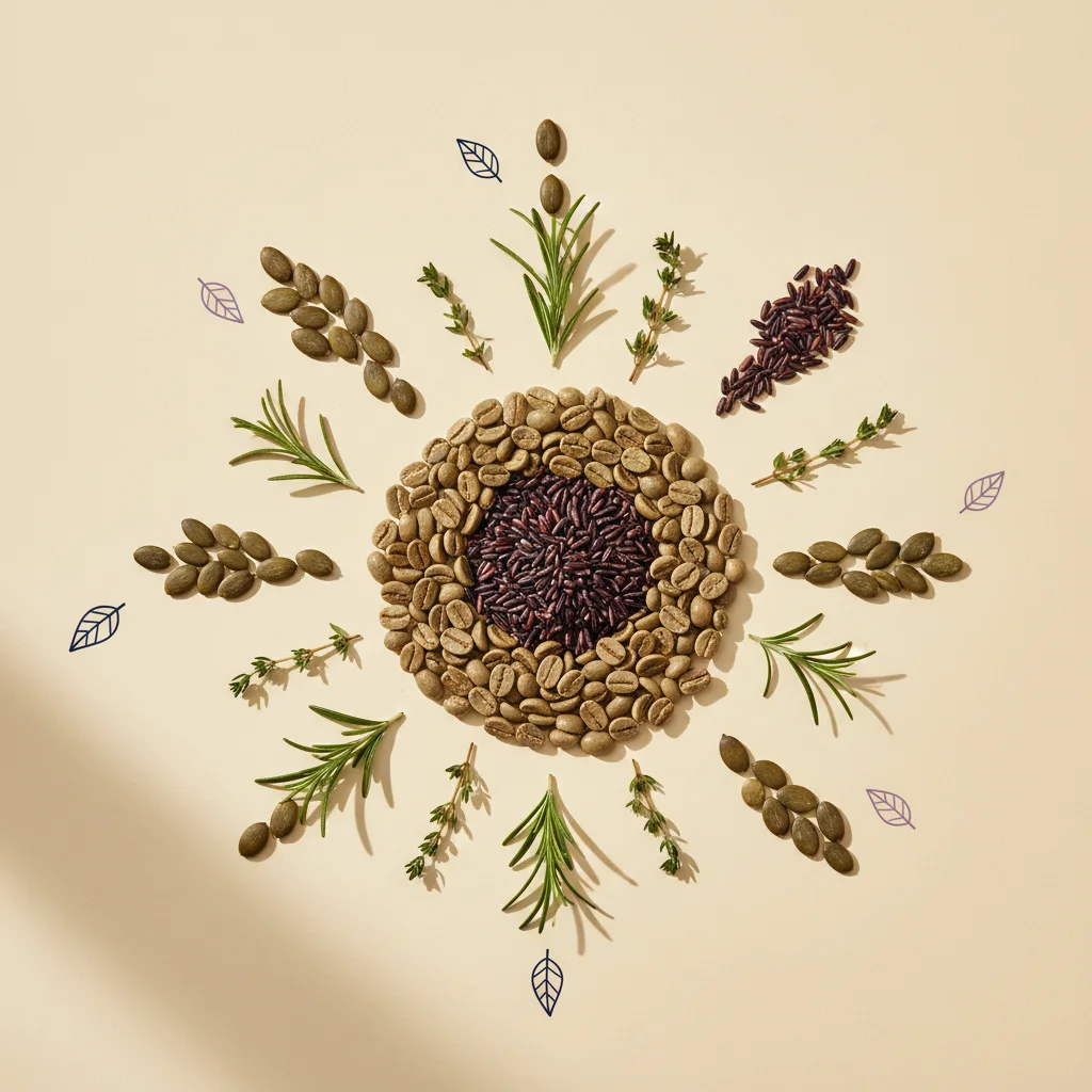 Flat-lay of green coffee beans, pumpkin seeds, whole grains and fresh herbs - key botanical ingredients